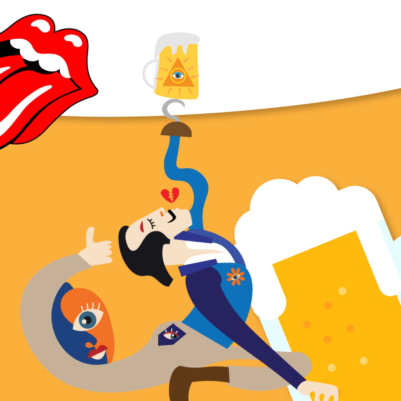 Hravá ilustrácia postáv s pivom